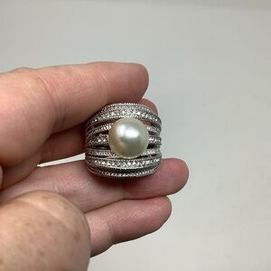 Nataliya V. Collister-NVC Silver Tone Ring with Faux Pearl and Rhinestones